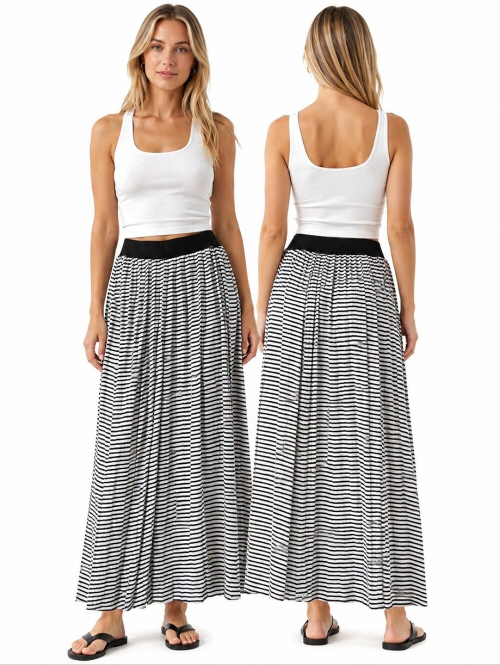 Nwt KATHY COLE Striped Pleated Midi Maxi Skirt Black White Crinkled Lightweight